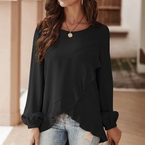 Ruffle Trim Wrap Front Lantern Sleeve Blouse